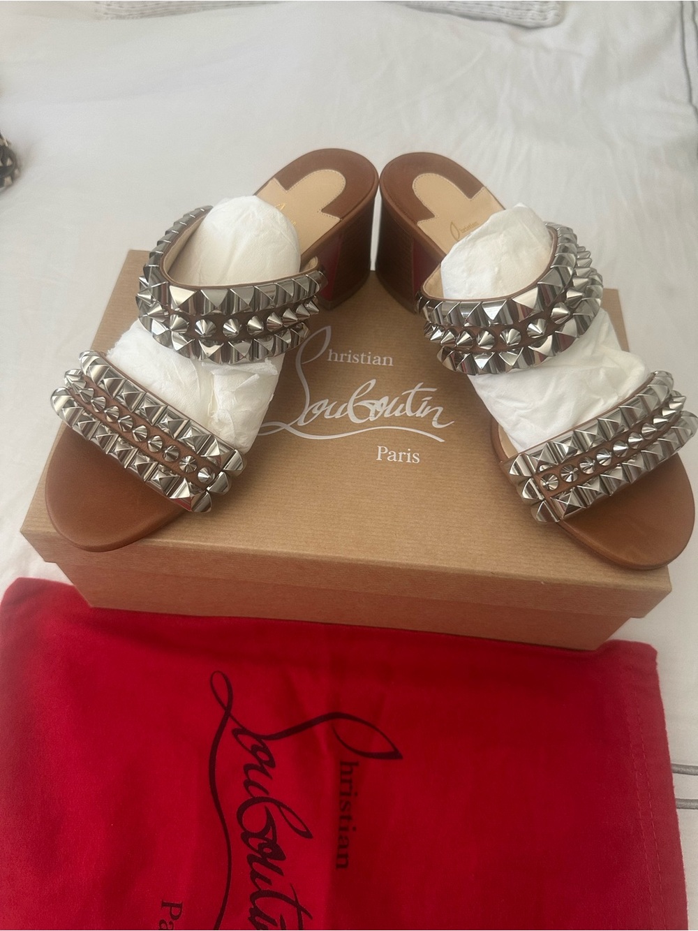 Christian Louboutin Brown Leather Studded Slide with Silver Spikes